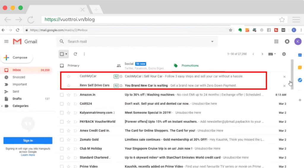 Ví dụ về quảng cáo Gmail